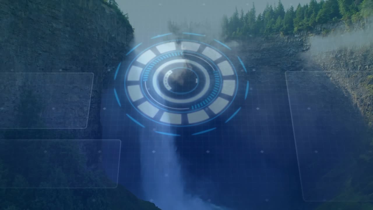 Floating device appearing above waterfall spinning glowing rings and graphic overlays scanning mist