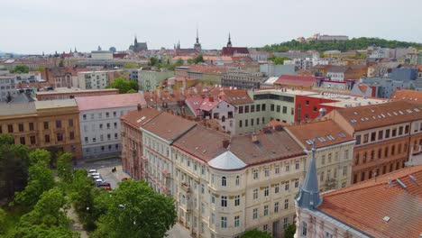 Aerial-panoramic-establishing-view-of-Brno,-Czech-Republic-with-classical-architecture-of-Europe