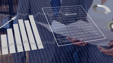 rising bar chart and binary code animation over business person in background