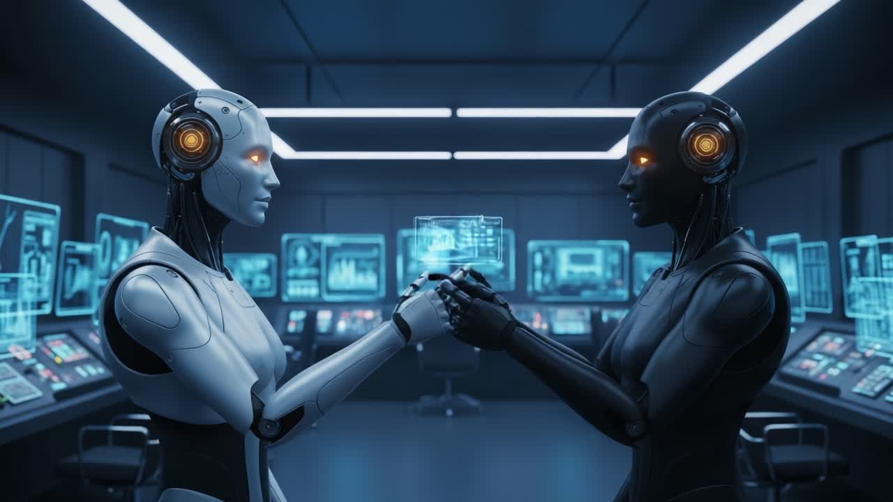 A gripping encounter between two advanced robots showcasing artificial intelligence in a futuristic control room, highlighting their communication through digital interfaces and technology.