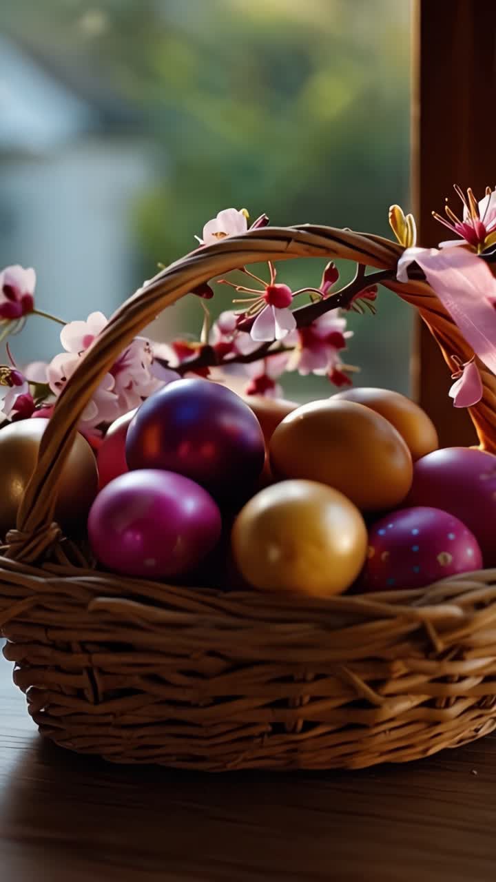 A Beautifully Decorated Basket Full of Colorful Easter Eggs Surrounded by Delicate Cherry Blossom Flowers in a Soft Natural Light Setting