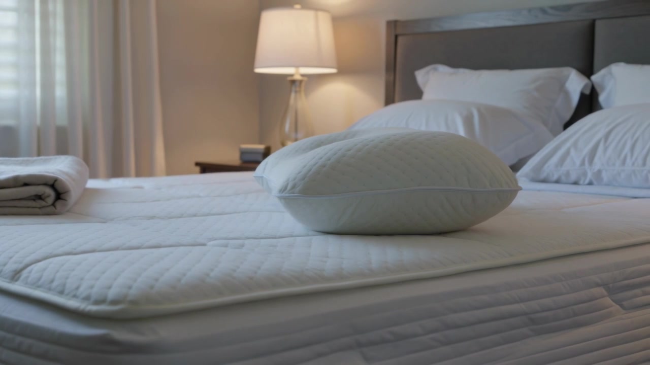 Settling single rectangular pillow compressing and sliding right on bedroom mattress, with lit lamp