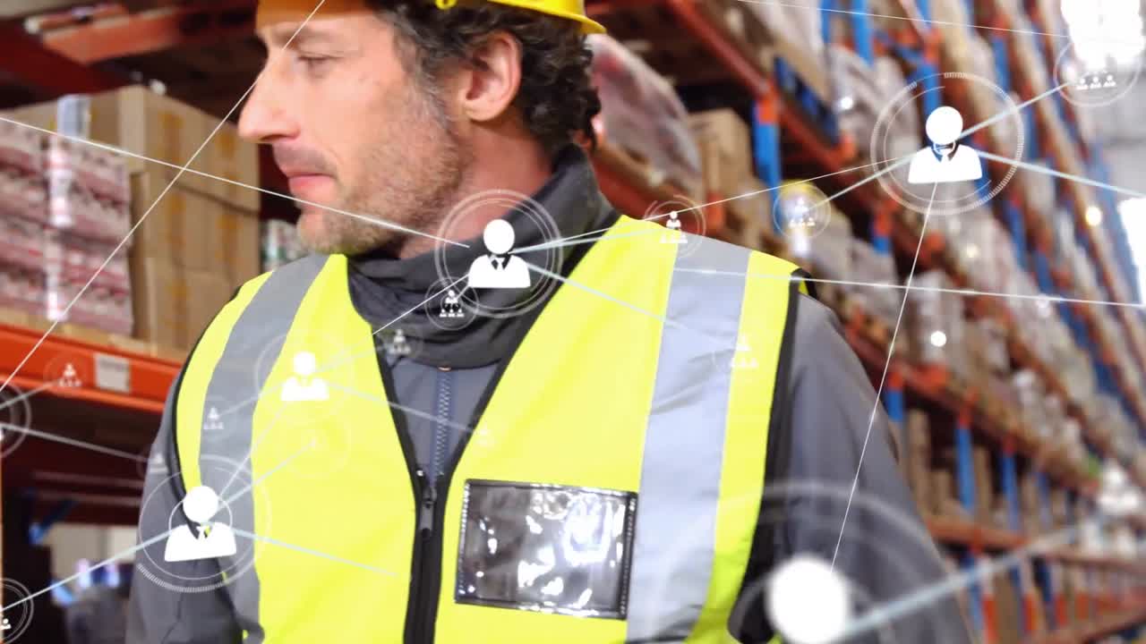 창고에서 일하는 사람에 대한 아이콘과 연결 네트워크의 애니메이션