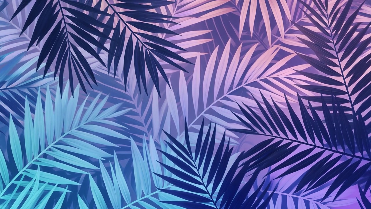 Abstract Tropical Palm Leaves with Vibrant Neon Gradient Lighting