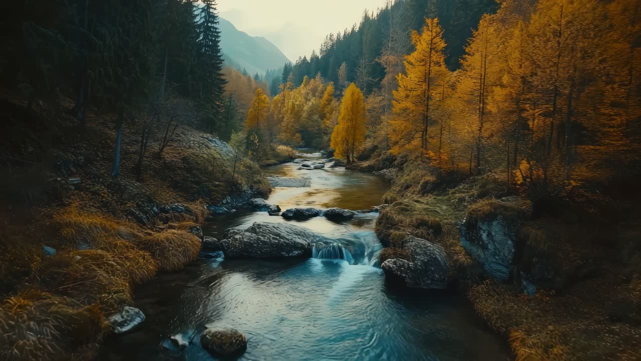 Flygvideo fångar ett rofyllt höstlandskap med en älv som rinner genom en skog
