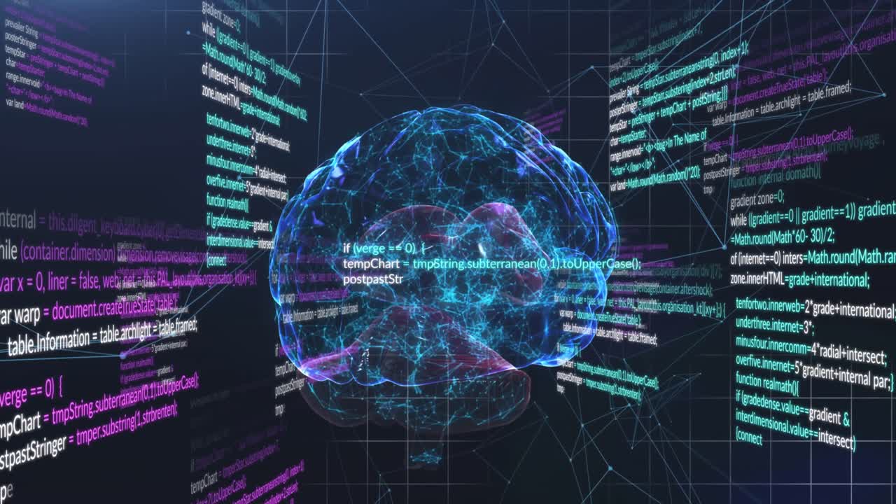 검은 바탕에 데이터 처리와 뇌의 애니메이션