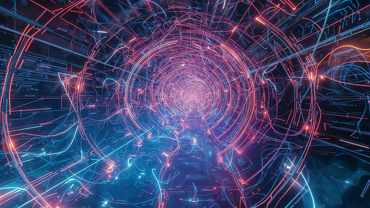 Beginning camera entering neon-lit tunnel, rings pulsing, nodes and shapes flickering moving deeper