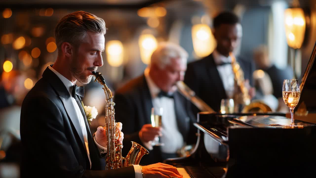 Elegant Evening Jazz Performance Featuring Talented Musicians in Formal Attire, Captured in a Sophisticated Atmosphere with Soft Lighting and Classy Decor, Evoking an Experience of Timeless Musical Delight