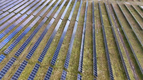 drone camera smoothly glides above expansive solar cell array on grassy terrain, capturing geometric patterns and natural light in rural new south wales