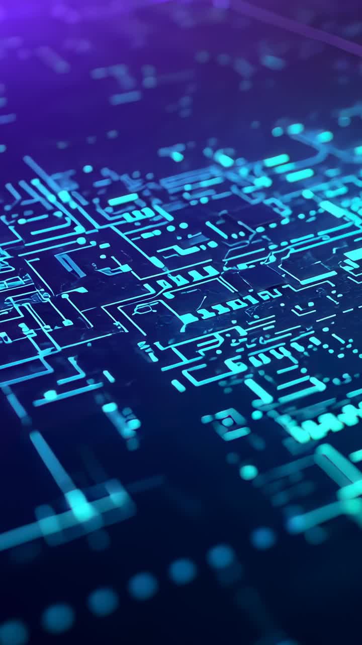 Vertical video: Opening camera shifting focus on neon-lit circuit grid, revealing glowing traces