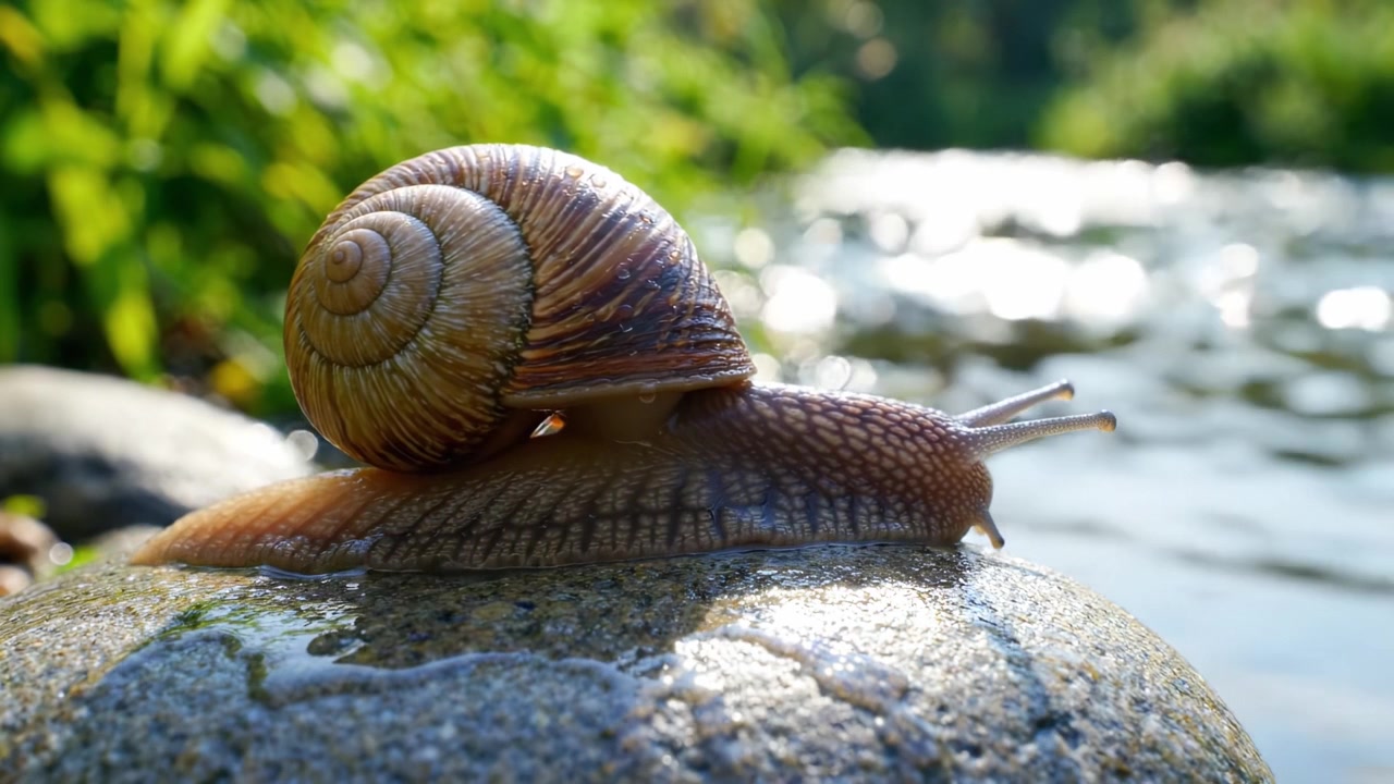 A Close-Up Journey of a Snail Exploring a Rock by the Water’s Edge, Illuminated by Natural Sunlight in a Serene Outdoor Environment