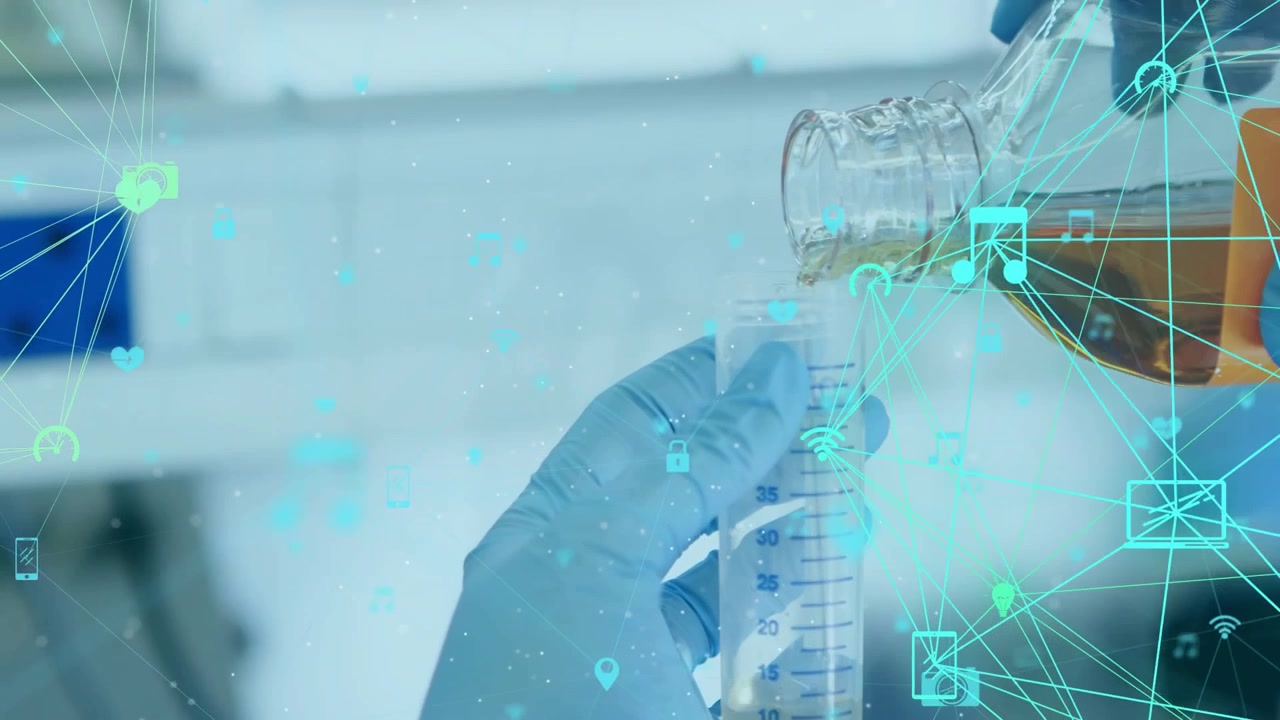 Lab tech tilting bottle pouring amber liquid to cylinder, measuring marks, teal overlay on marks