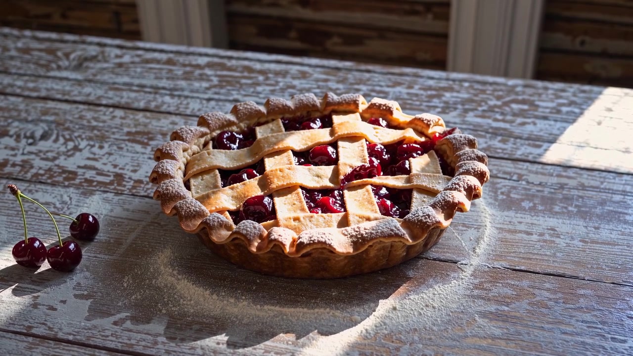 Crostata di ciliegie appena sfornata su un tavolo di legno rustico