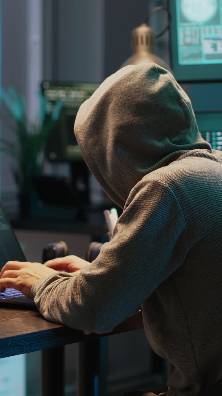Stående video: Maskeret svindler, der hacker computernetværk sent om natten