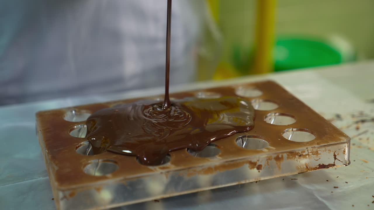 Hot black melted chocolate poured onto the mold for future candies. Handicraft producing of chocolate candies. Close up.
