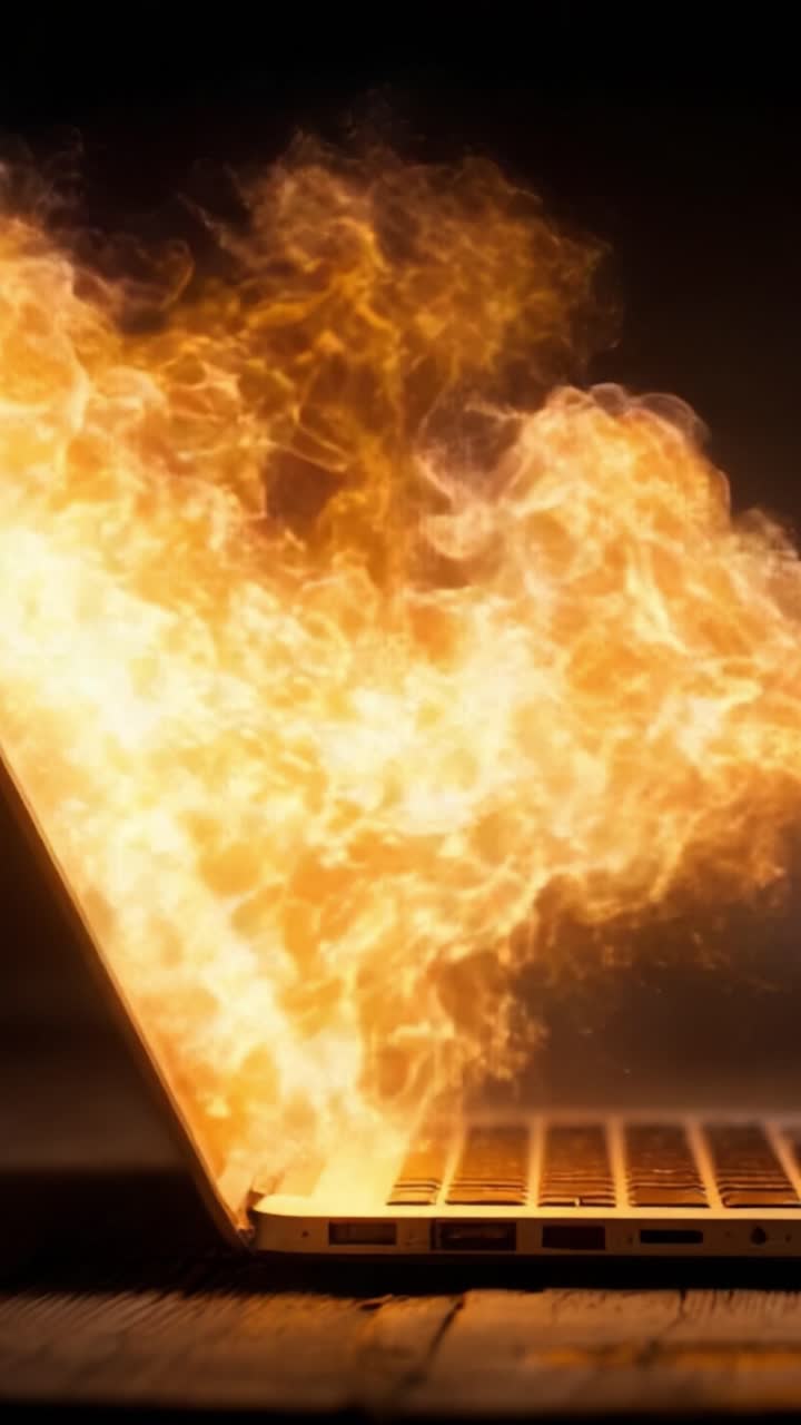 En bærbar computer opslugt af flammer, der viser dynamiske visuelle effekter med levende orange og gule nuancer, der repræsenterer ekstrem varme og energi, og oplyser den omgivende mørke