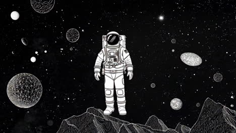 astronaut standing on a moon-like surface in space