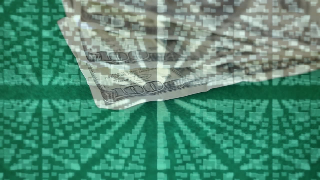 회전하는 달러 지폐 위의 폴더와 보안  ⁇ 락의 애니메이션