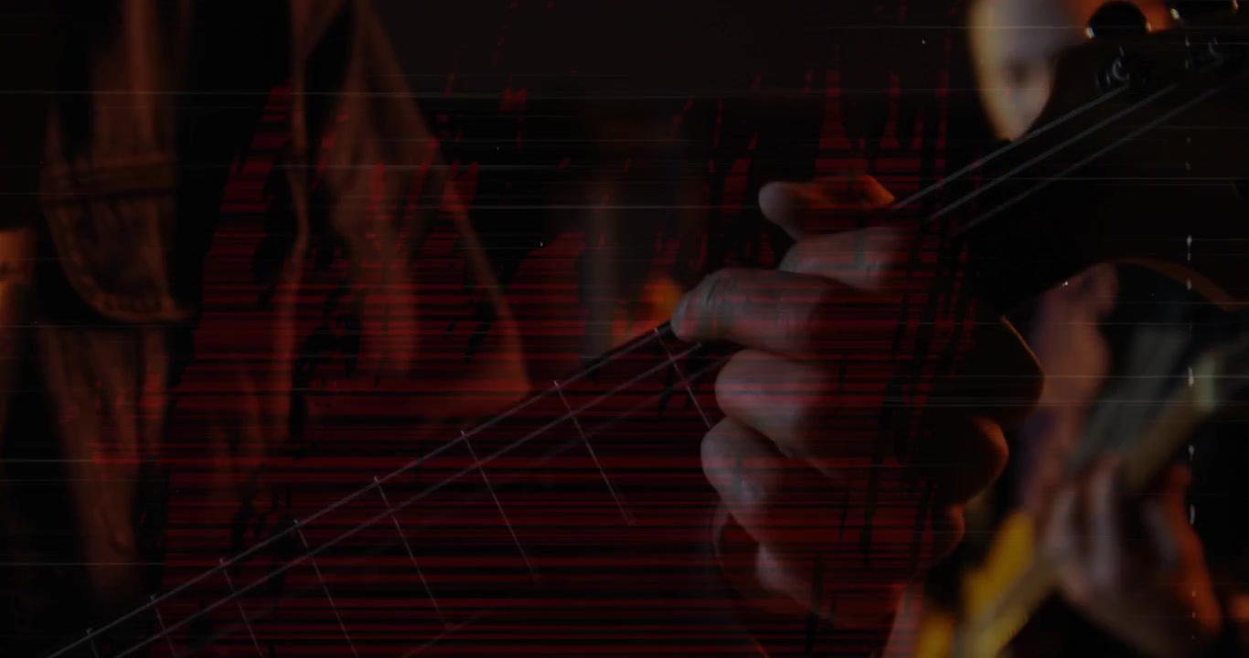 Music duo jamming pick hitting strings causing fretting, zooming to neck, glitching lines over fret