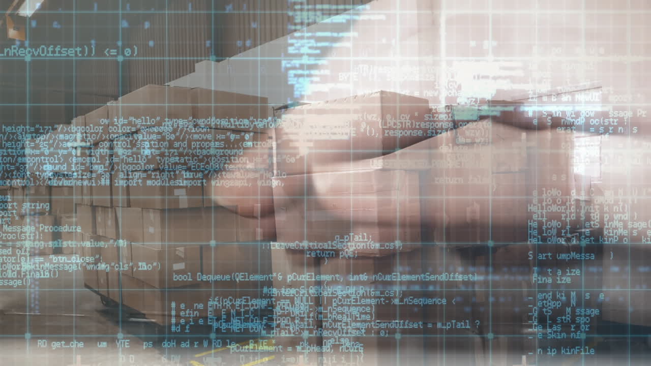 animación de una persona escribiendo en el teclado con procesamiento de datos y pilas de cajas en el almacén