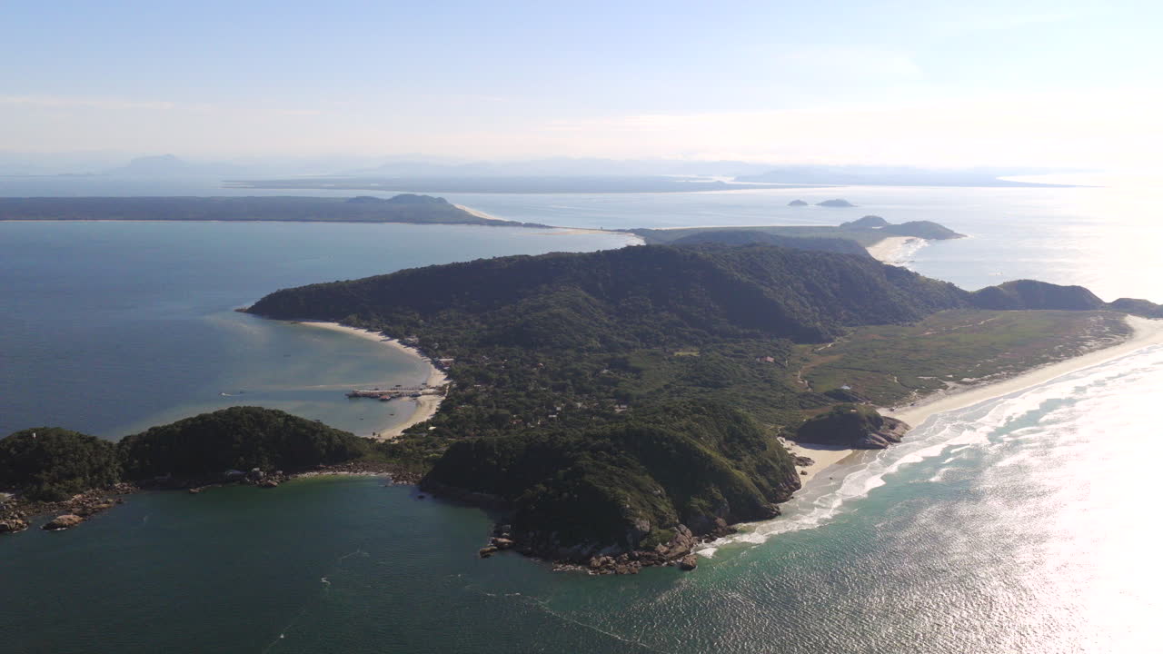 High altitude aerial view of Ilha do Mel island beautiful tropical environment with sandy beaches, Paraná, Brazil