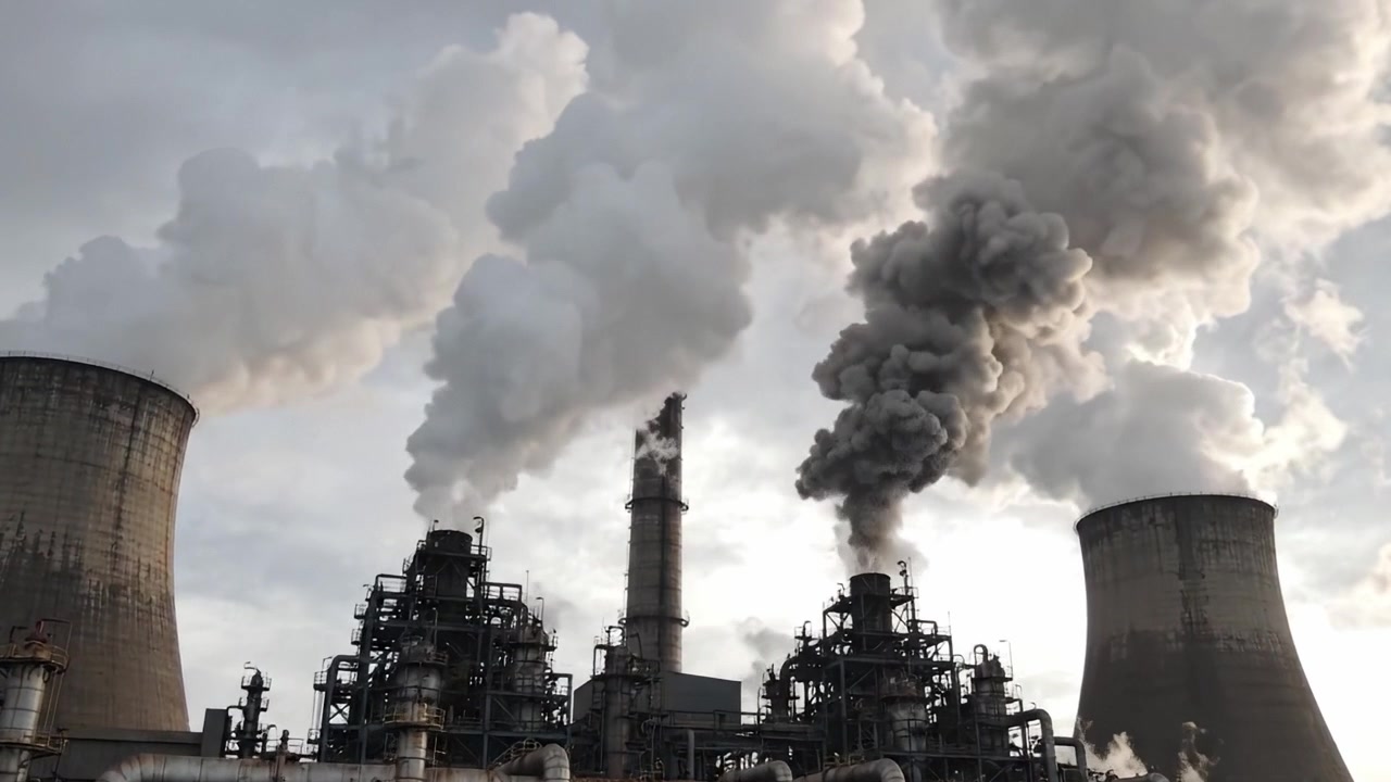 Centrale elettrica industriale che emette fumo e vapore, mostrando ingegneria complessa e preoccupazioni ambientali legate alla produzione di energia e alla qualità dell'aria