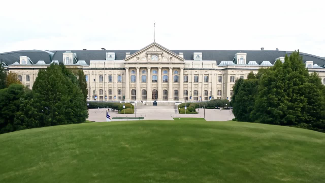 The exterior of a large building with a lawn and flag