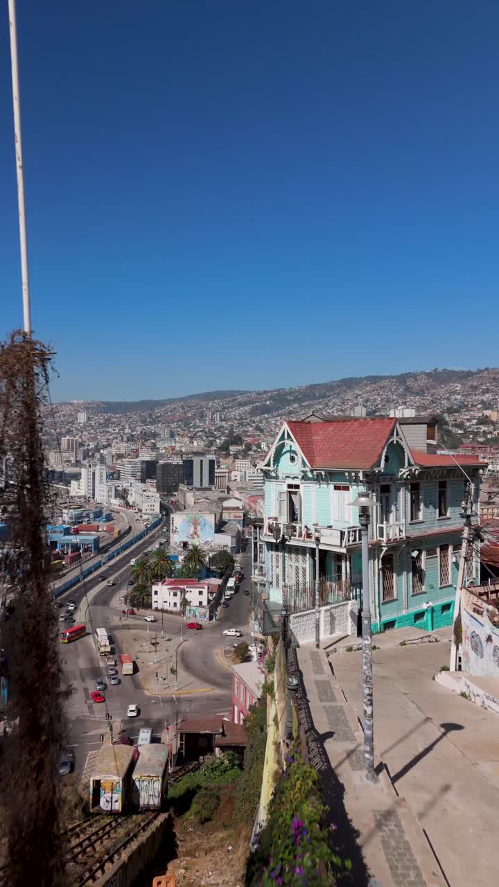 Chile Valparaiso beach sea foam, morning drone vertical