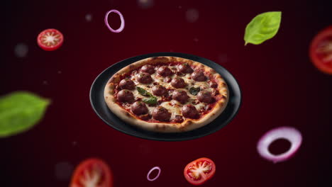 Neapolitanische-Pizza-Mit-Wurst-Auf-Einem-Teller,-Animations-Intro-Für-Werbung-Oder-Marketing-Von-Restaurants,-Wobei-Die-Zutaten-Des-Gerichts-Durch-Die-Luft-Fliegen---Preisschild-Oder-Verkauf