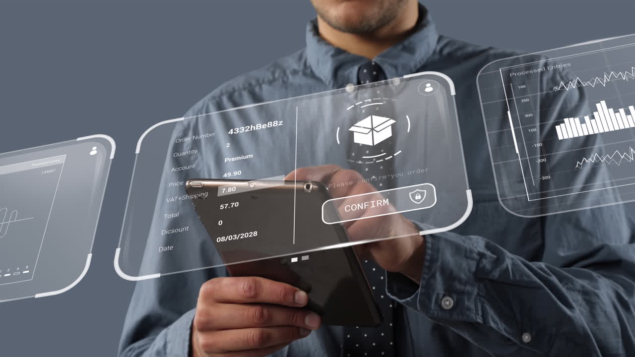animación de datos sobre hombre de negocios caucásico con tableta