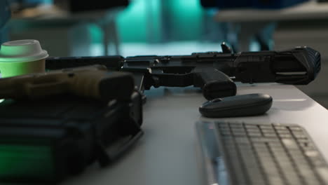 Extreme-close-up-of-weapons-in-empty-army-command-center