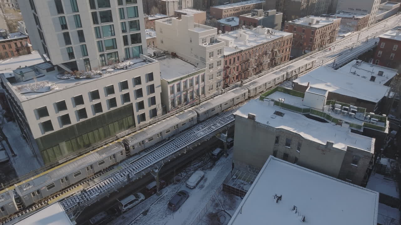 Aerial view of a delayed subway train. Shot in Brooklyn, New York City on a winter morning.