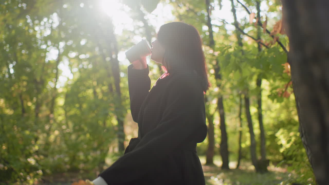 Side view of serene lady strolling through autumn forest, holding cup, sipping warm drink, slow steps under bright sun beam, quiet trees glowing, calm mood during peaceful walk, soft light flares