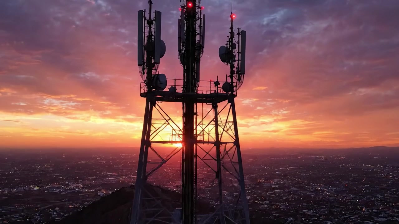 Betagende solnedgang over byens skyline med silhuet af kommunikationstårn, der fremhæver naturens skønhed mod en farverig himmel fuld af skyer
