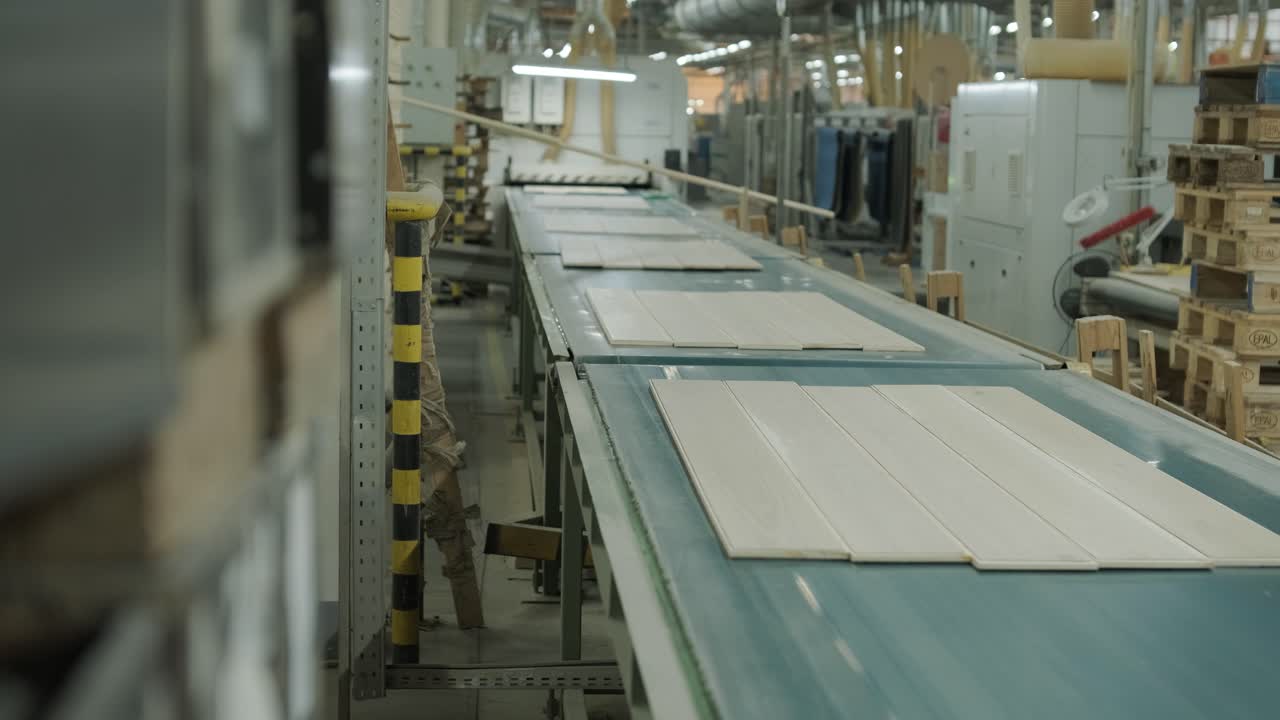 Wooden Planks Moving on Conveyor Belt in Factory