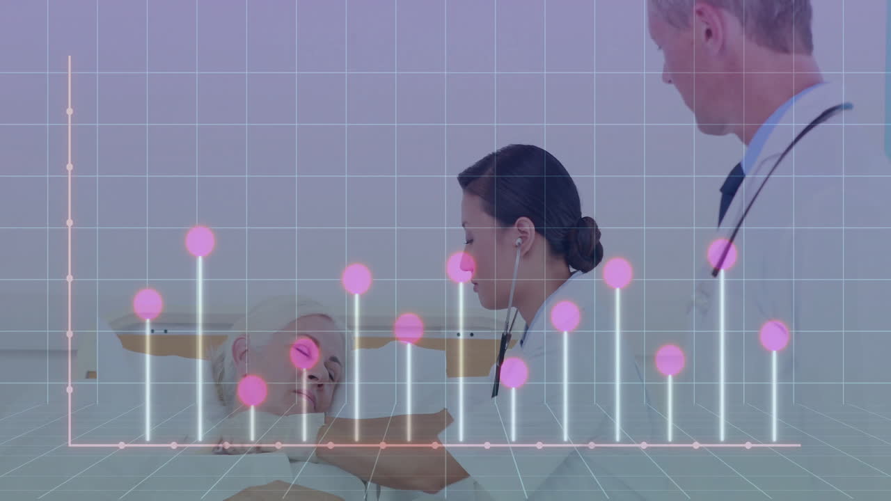 Female doctor using stethoscope on patient in hospital, displaying animated digital health graph