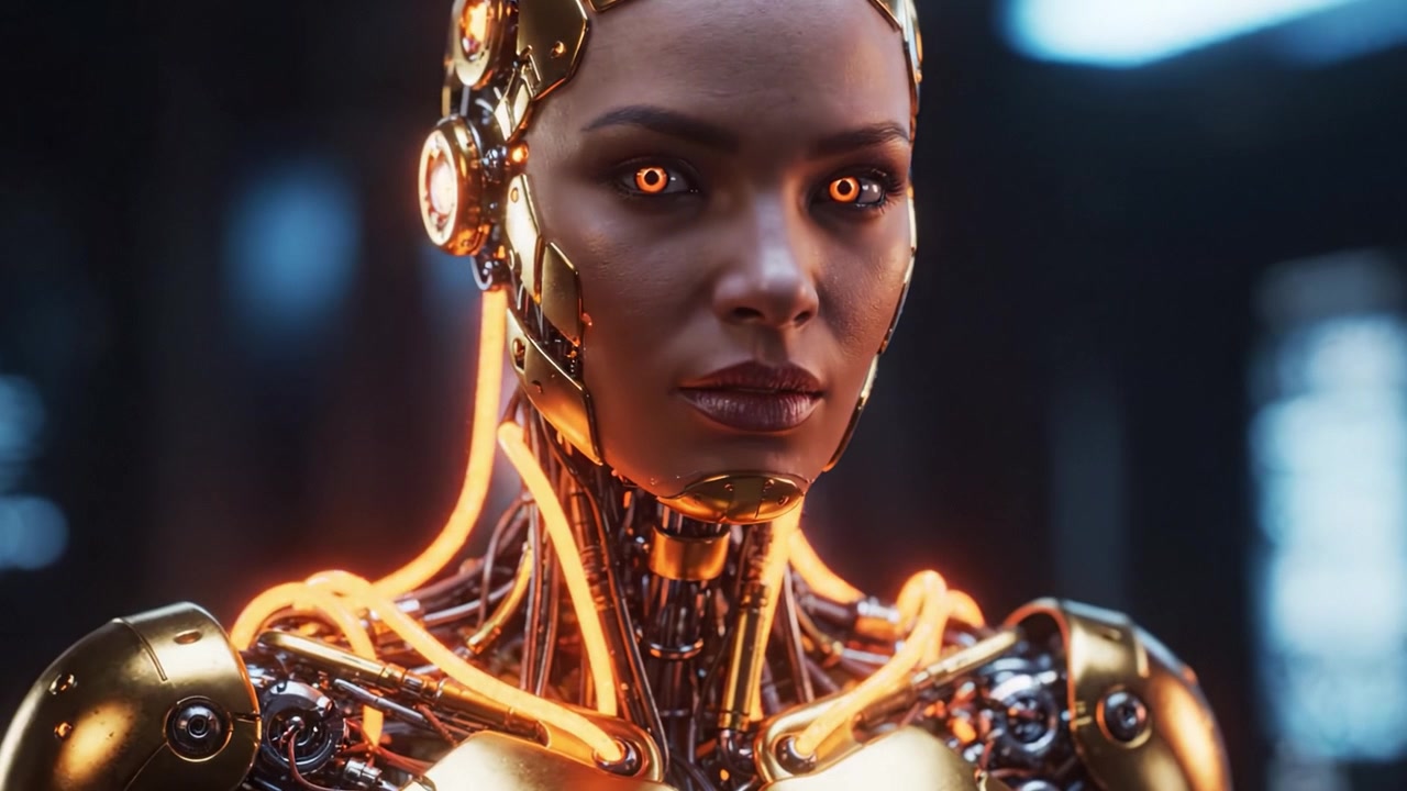 Una vista ravvicinata di un robot femminile futuristico con occhi arancioni luminosi e intricate caratteristiche metalliche, che mostra tecnologia avanzata e intricati elementi robotici in un ambiente vibrante.