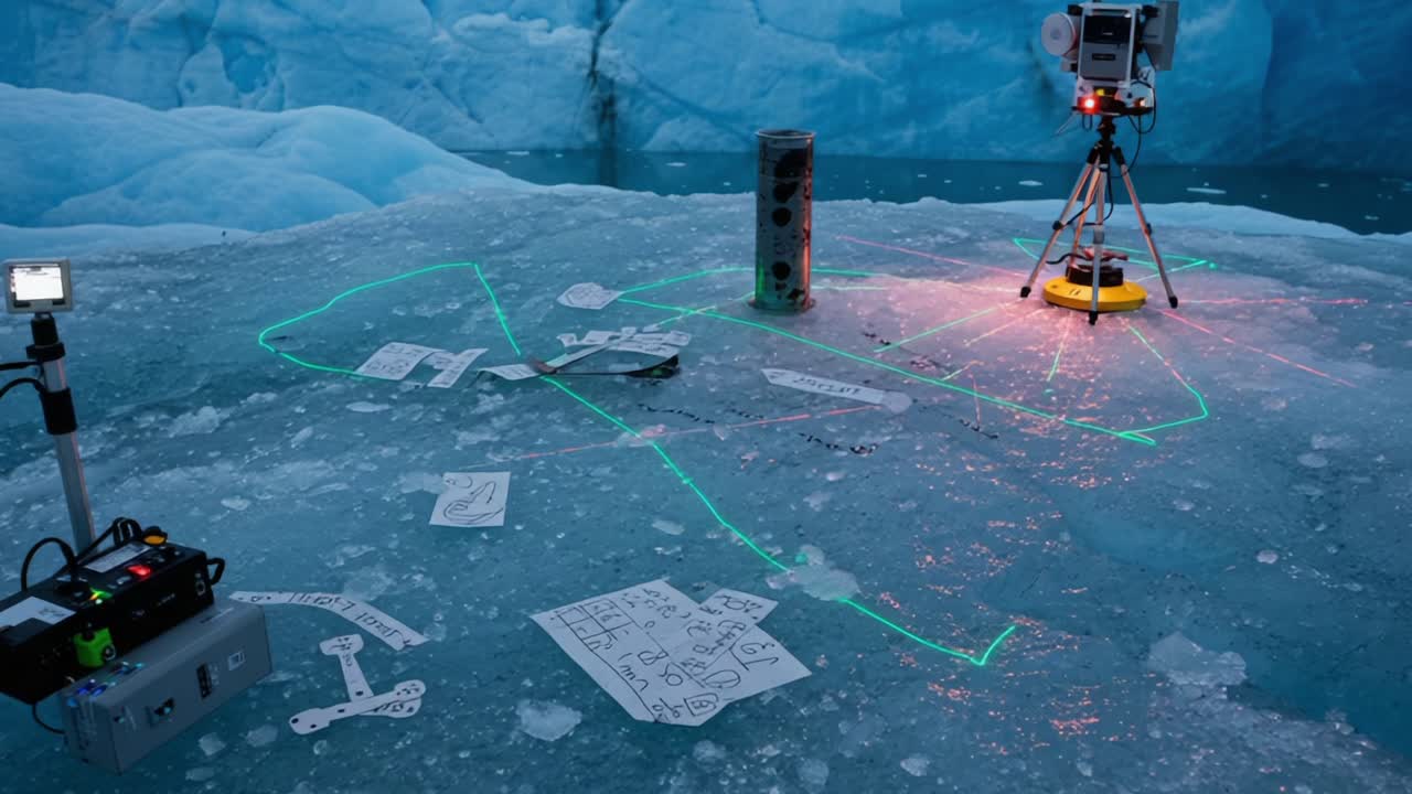 Scientific Investigation on Ice: Equipment and Markings Document Research on a Glacial Surface, Highlighting Innovative Technology in Extreme Environments