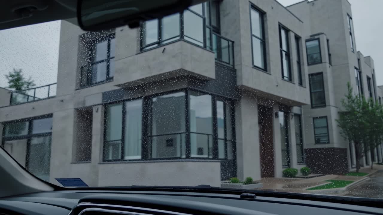 Raindrops covering the windshield of a car driving past modern concrete townhouses on a rainy day, enhancing the atmosphere of urban tranquility and peaceful suburban life