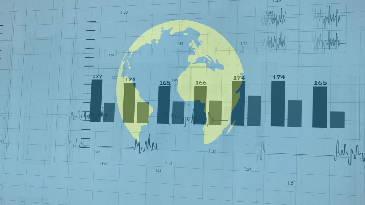 Animation du traitement de données financières sur un globe, sur fond bleu