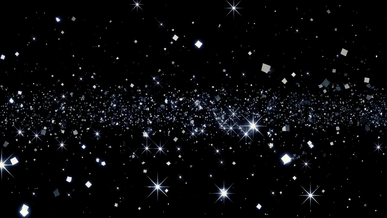 Particelle di glitter argentate fluttuanti e stelle scintillanti su sfondo nero