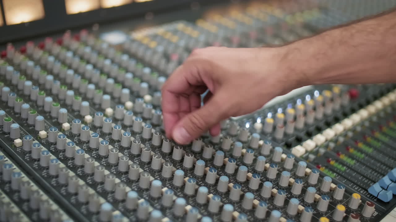 Hand Adjusting Channels On Mixing Console