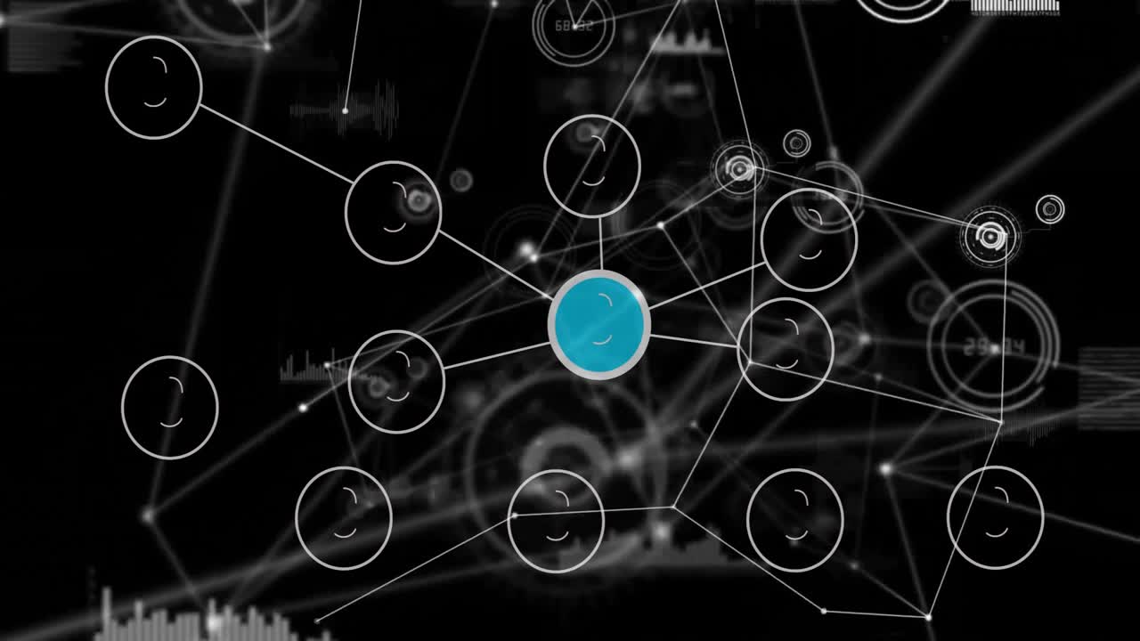 Central node filling turquoise radiating lines and icons visualizing network connectivity