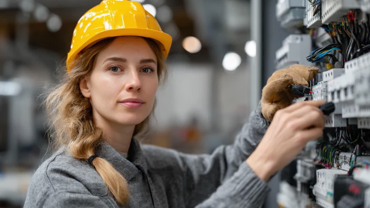 A female electrician, clad in a gray sweater and safety gear, diligently working on an electrical panel, showcasing expertise in her technical field and commitment to safety standards