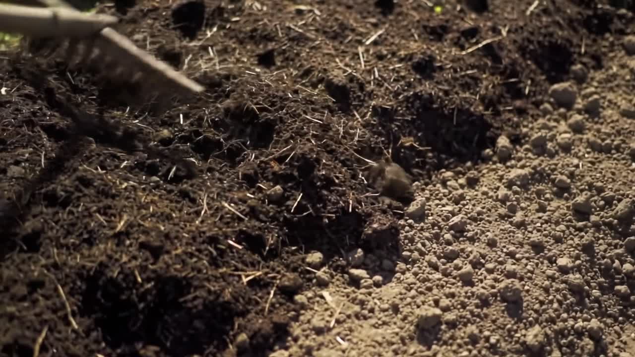 Strumenti agricoli in azione: preparazione del terreno per la semina con un rastrello e un utensile manuale per migliorare la fertilità e la struttura durante la lavorazione del terreno in un paesaggio fertile