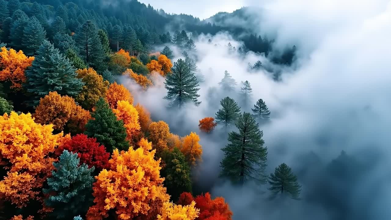 A foggy forest filled with lots of colorful trees