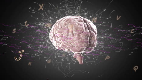 animación de un cerebro digital con letras sobre una placa de circuitos de computadora sobre un fondo negro