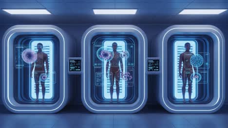 scientific exploration of microbial interaction and human anatomy in a high-tech laboratory environment featuring futuristic cryogenic chambers and data displays
