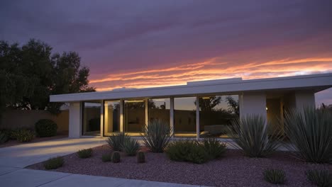 mid-century modern house at sunset