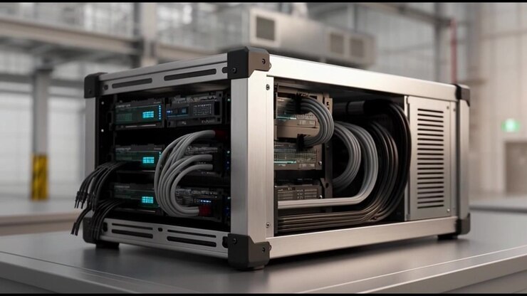 Industrielt serverrack i et moderne lagermiljø